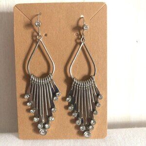 Open Teardrop Bar Rhinestone Silver Tone Pierced Dangle Earrings